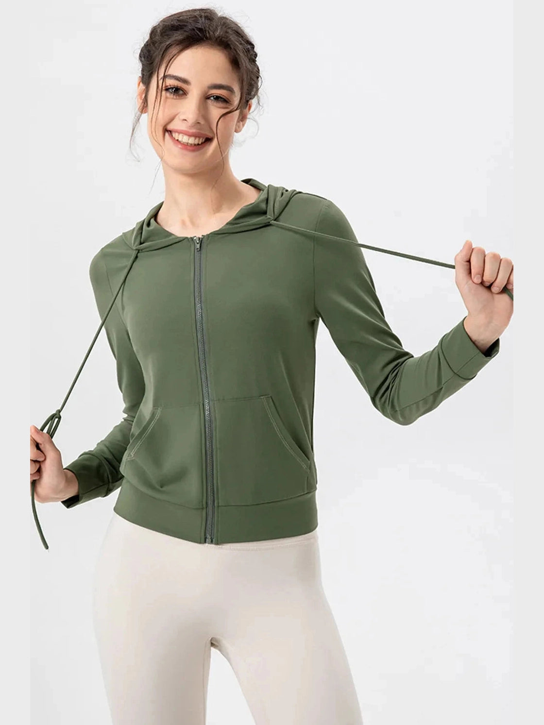 Drawstring Zip Up Hooded Active Outerwear