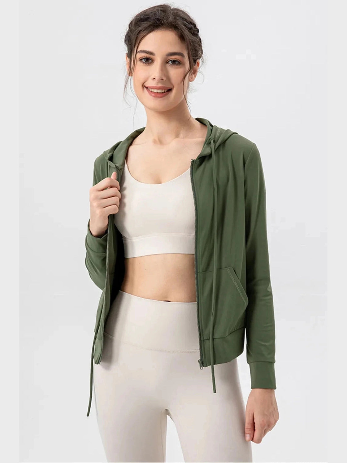 Drawstring Zip Up Hooded Active Outerwear