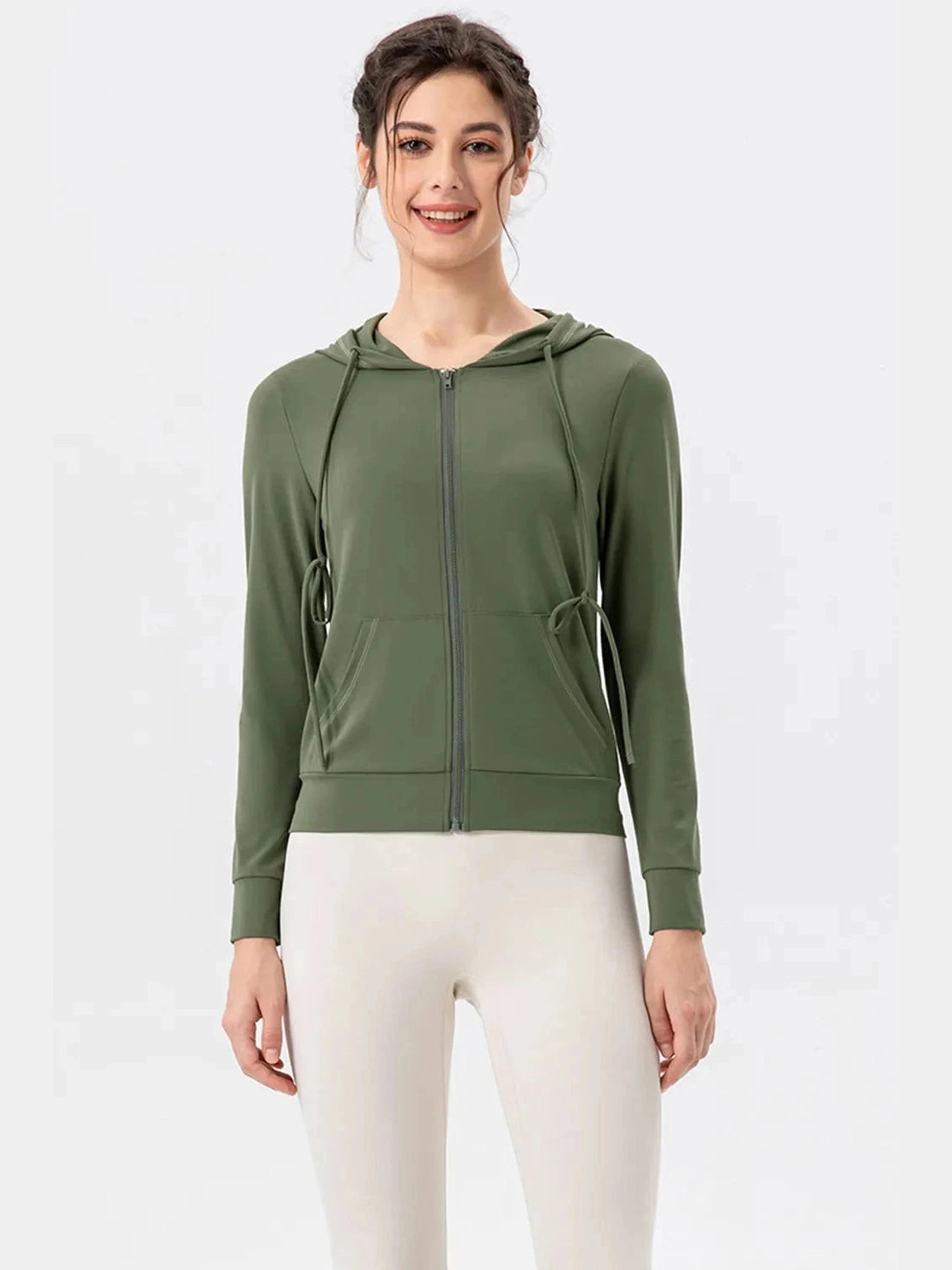 Drawstring Zip Up Hooded Active Outerwear